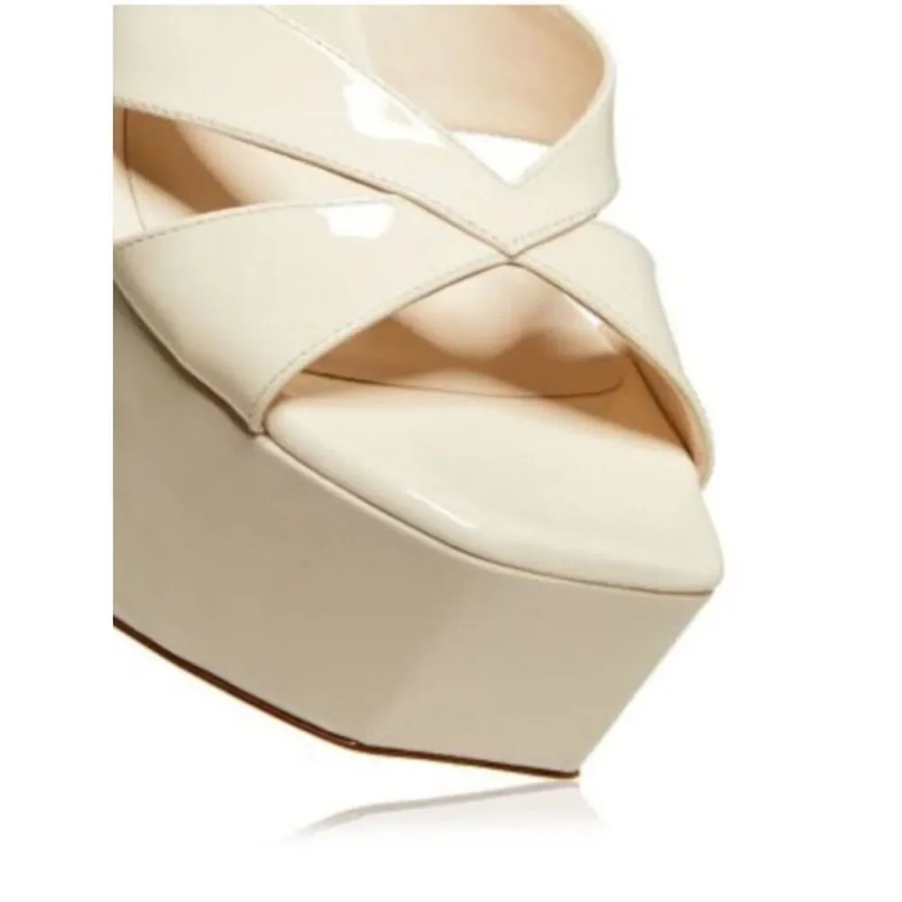 Stuart Weitzman Miami Square Toe Ivory Patent Leather Platform Sandals